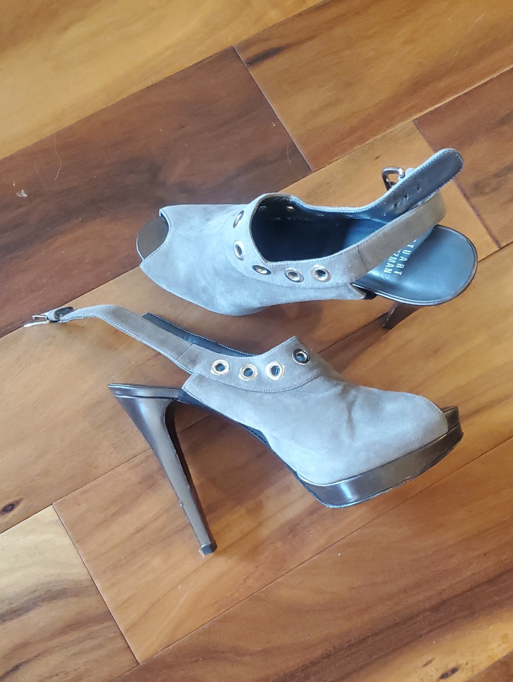 Stuart Weitzman Gray Suede Peep-Toe Slingback Heels with Eyelet Accents